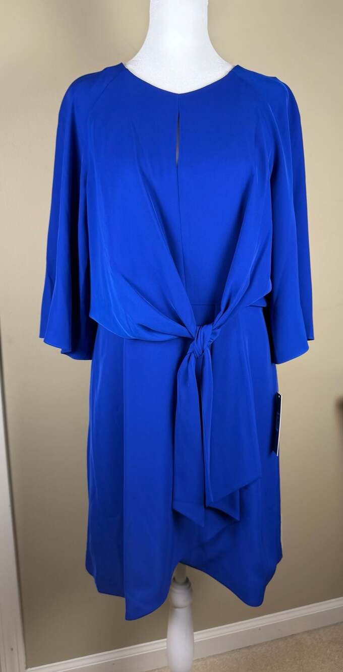 Tahari Arthur S Levine Dress 10P NWT Cobalt Blue Tie Front Bell Sleeve Petite